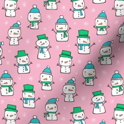 Winter Christmas Snowman & Snowflakes Blue Green on Pink Smaller 1,5 inch