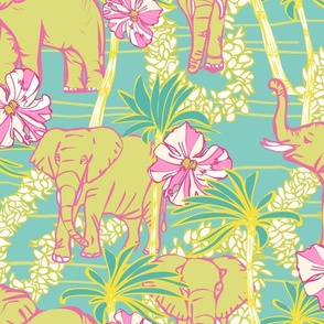 Tropical Elephants with Flower Leis & Palm Trees
