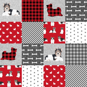 biewer terrier cheater quilt fabric - dog breed fabric, dog breed, pet quilt a, red and black patchwork plaid, dog quilt 