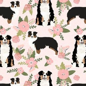 tricolored aussie dog floral fabric - cute dog breeds fabric, dog breed floral fabric, australian shepherd fabric - pink