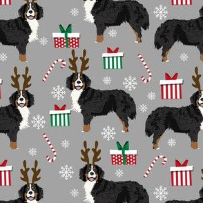 bernese mountain dog reindeer fabric - christmas dog fabric, dog fabric, bernese mountain dog fabric, christmas dog fabric, christmas fabric - grey