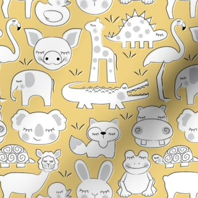 assorted animals on golden yellow