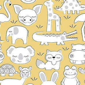 assorted animals on golden yellow