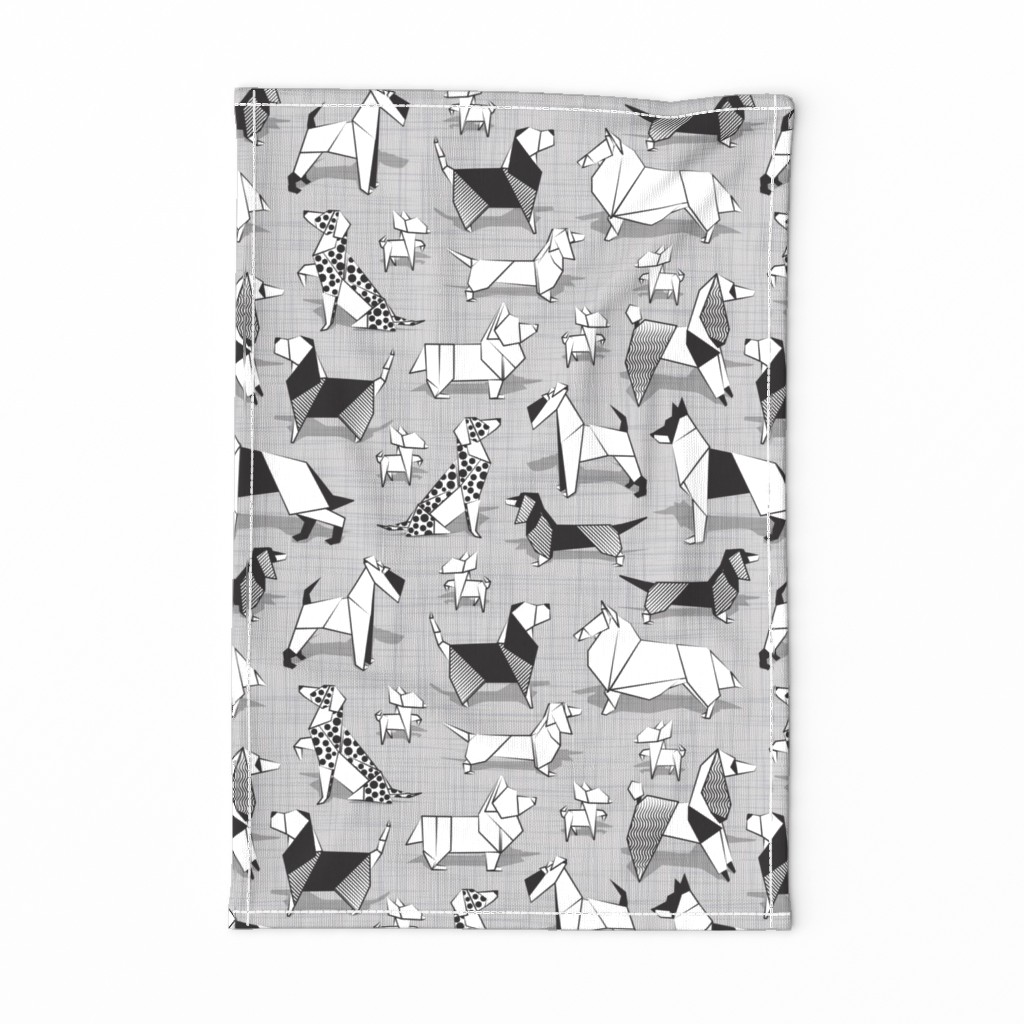 Origami doggie friends TEA TOWEL // repeated pattern rotated // grey linen texture background coloring paper Chihuahuas Dachshunds Corgis Beagles German Shepherds Collies Poodles Terriers Dalmatians 