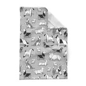 Origami doggie friends TEA TOWEL // repeated pattern rotated // grey linen texture background coloring paper Chihuahuas Dachshunds Corgis Beagles German Shepherds Collies Poodles Terriers Dalmatians 