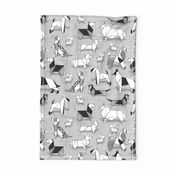 Origami doggie friends TEA TOWEL // repeated pattern rotated // grey linen texture background coloring paper Chihuahuas Dachshunds Corgis Beagles German Shepherds Collies Poodles Terriers Dalmatians 