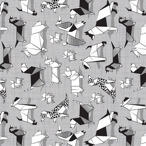 Origami doggie friends TEA TOWEL // repeated pattern rotated // grey linen texture background coloring paper Chihuahuas Dachshunds Corgis Beagles German Shepherds Collies Poodles Terriers Dalmatians 