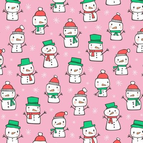 Winter Christmas Snowman & Snowflakes Red Green on Pink Smaller 1,5 inch