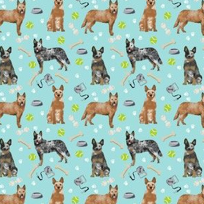 SMALL - australian cattle dog fabric blue and red heelers and toys fabric - light blue