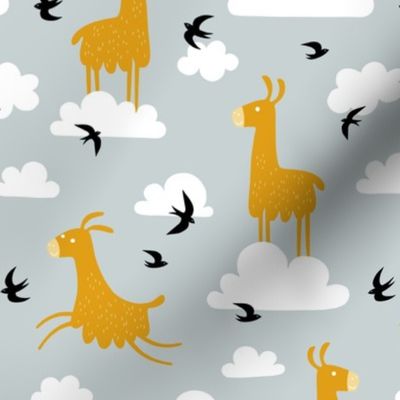 Llamas in the clouds with birds