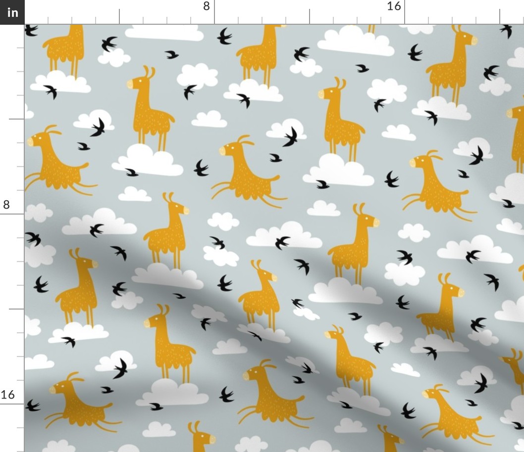 Llamas in the clouds with birds