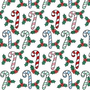 Christmas Candy Canes and Holly on White