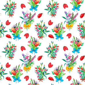 Botanical seamless pattern with bouquets and ladybugs on white