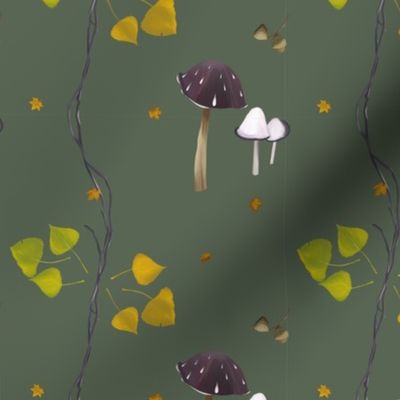 Autumn mushrooms, acorn, twig and golden leaves