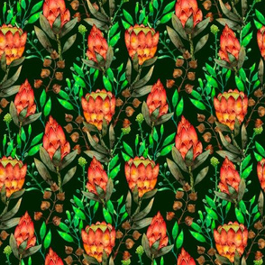 Floral seamless pattern with Protea flowers watercolor drawing on green