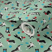 Border Collie Disc Dog fabric - disc dog, dog, dogs, agility dog, border collie fabric, black and white border collie dog, dog fabric by the yard - green