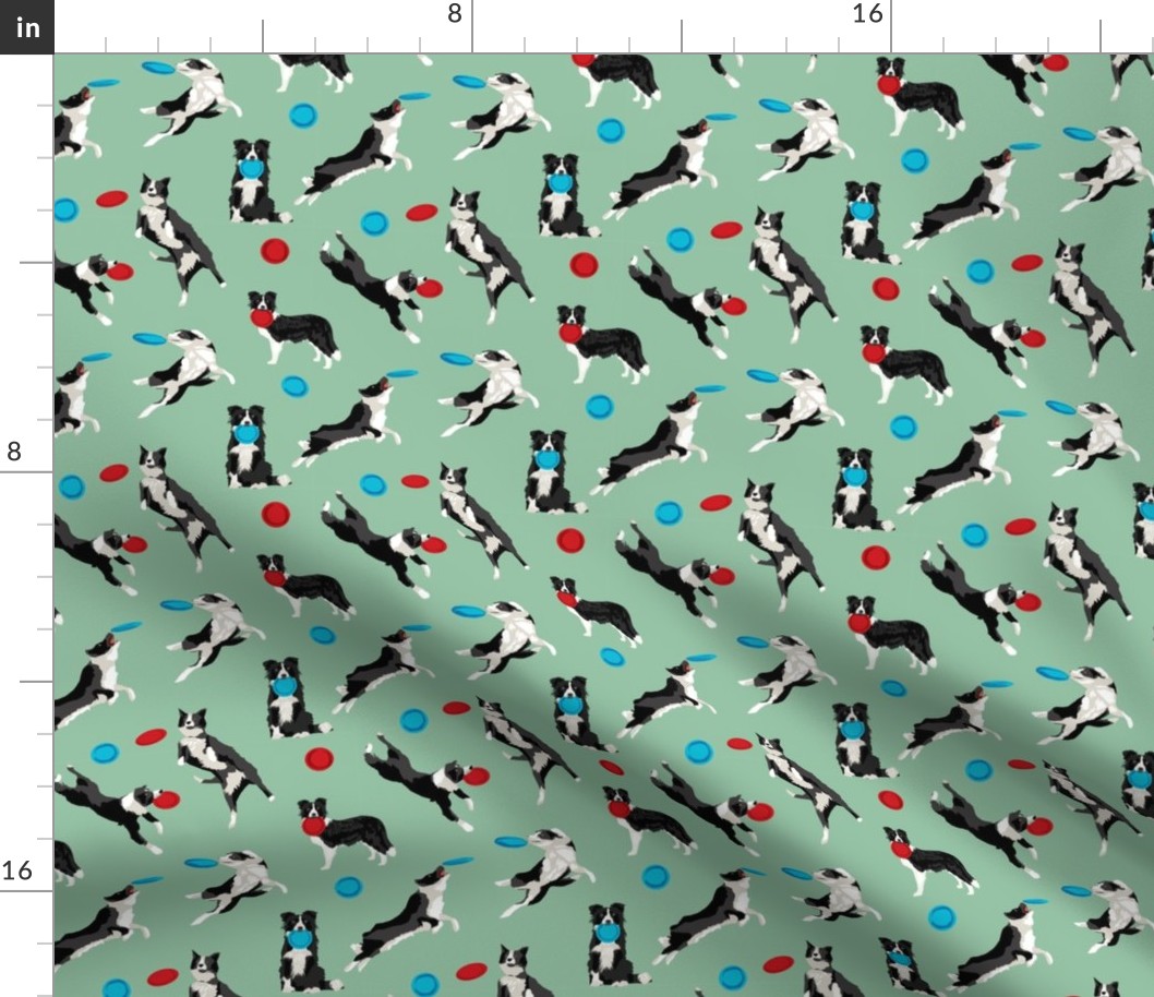 Border Collie Disc Dog fabric - disc dog, dog, dogs, agility dog, border collie fabric, black and white border collie dog, dog fabric by the yard - green