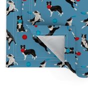 Border Collie Disc Dog fabric - disc dog, dog, dogs, agility dog, border collie fabric, black and white border collie dog, dog fabric by the yard -  blue