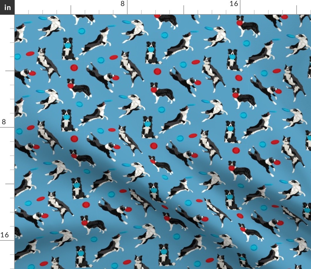 Border Collie Disc Dog fabric - disc dog, dog, dogs, agility dog, border collie fabric, black and white border collie dog, dog fabric by the yard -  blue