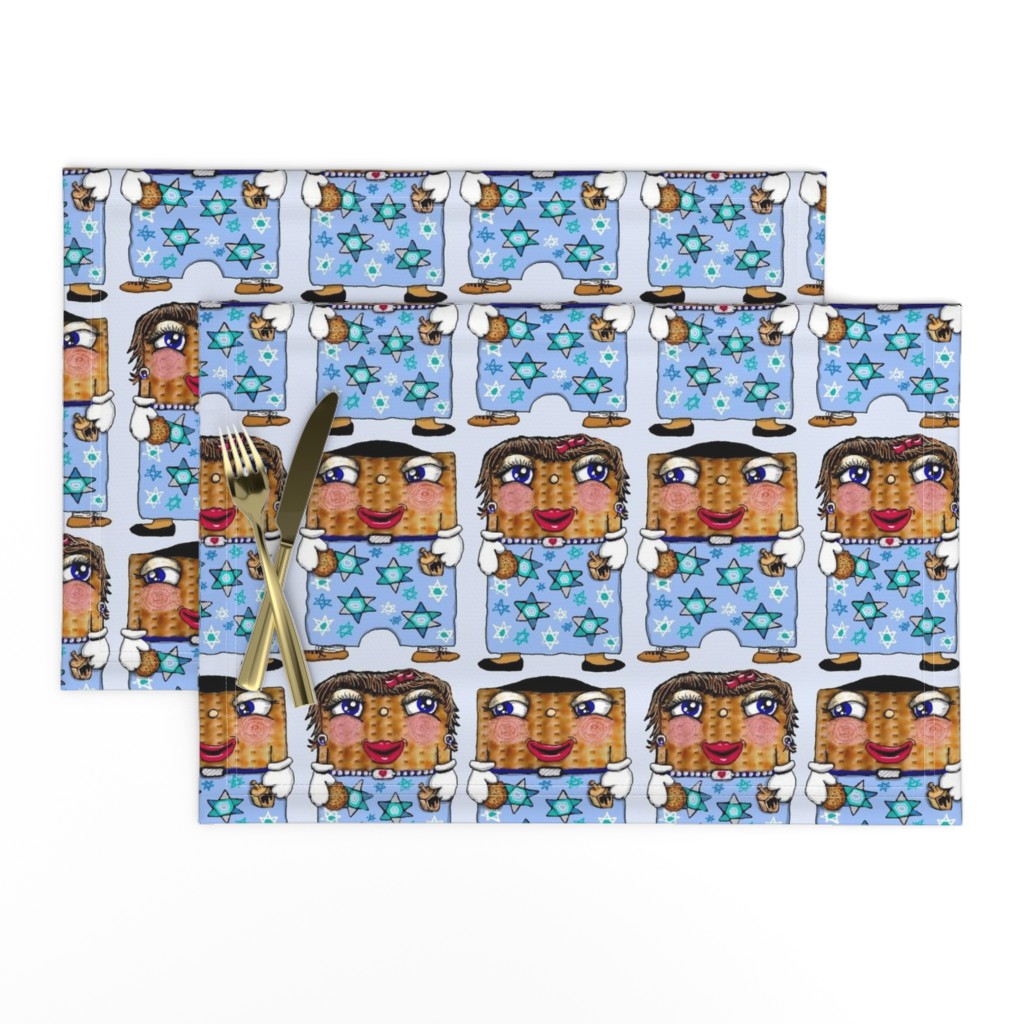 matzo boy and matzo girl together for Hanukkah! large scale, blue white tan brown black