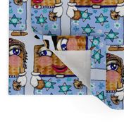 matzo boy and matzo girl together for Hanukkah! large scale, blue white tan brown black