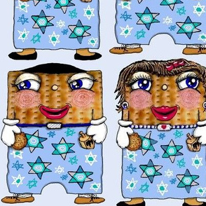 matzo boy and matzo girl together for Hanukkah! large scale, blue white tan brown black