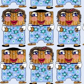 matzo boy and matzo girl together for Hanukkah! small scale, blue white tan brown beige black