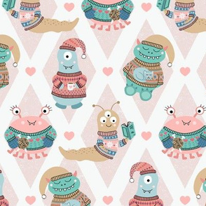 Cozy Monsters in Fair Isle Sweaters on Pink