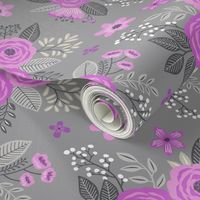 Vintage Antique Floral Flowers Purple Lilac on Grey