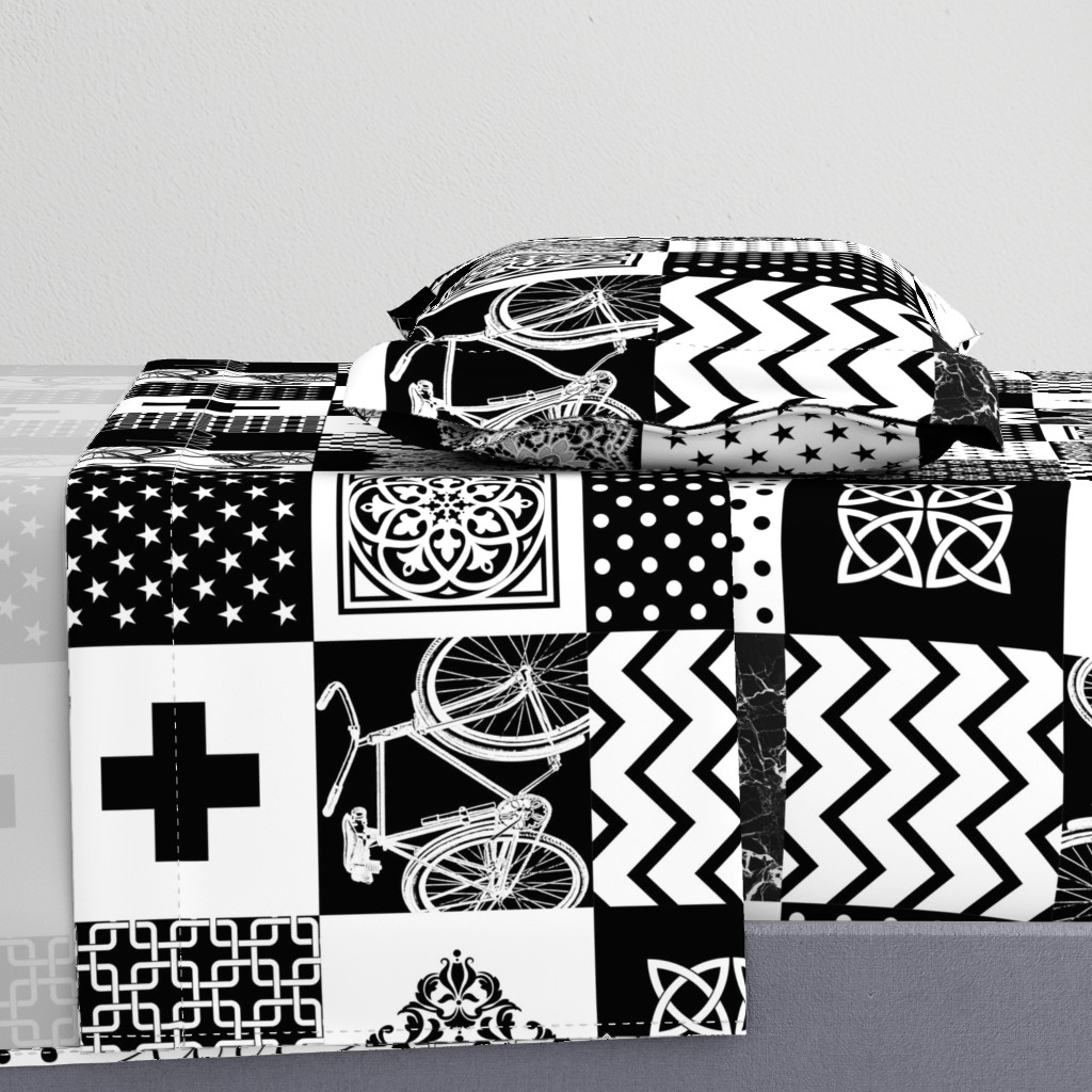 Bohemian Patch Black White Cheater Fake Quilt Wholecloth 