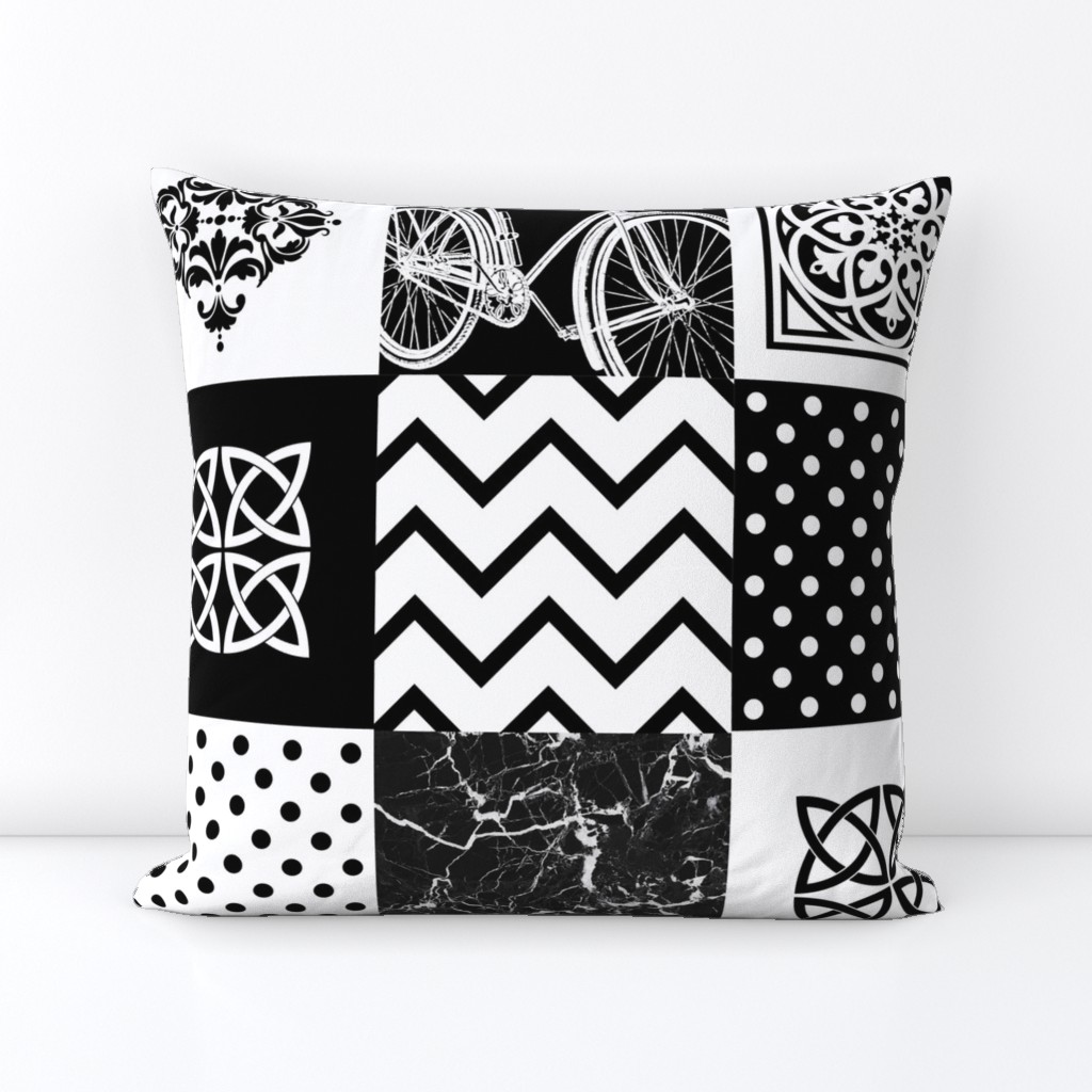 Bohemian Patch Black White Cheater Fake Quilt Wholecloth 