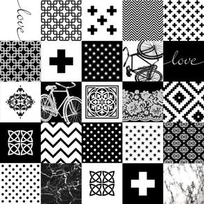 Bohemian Patch Black White Cheater Fake Quilt Wholecloth 