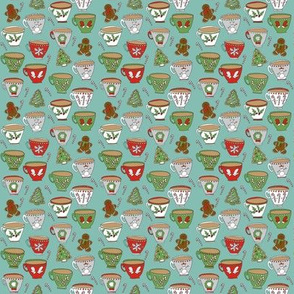 MINI - christmas mugs fabric - tea, cocoa, hot chocolate fabric, christmas mugs, christmas fabric, holiday fabric, xmas fabric - mint