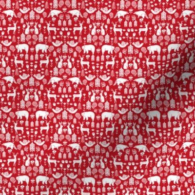 MINI Christmas folk fabric, scandi folk fabric, holiday fabric, linocut fabric, holiday animals fabric, - red