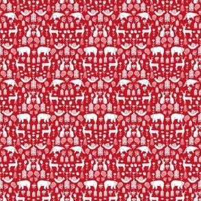 MINI Christmas folk fabric, scandi folk fabric, holiday fabric, linocut fabric, holiday animals fabric, - red