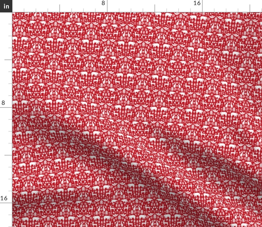 MINI Christmas folk fabric, scandi folk fabric, holiday fabric, linocut fabric, holiday animals fabric, - red