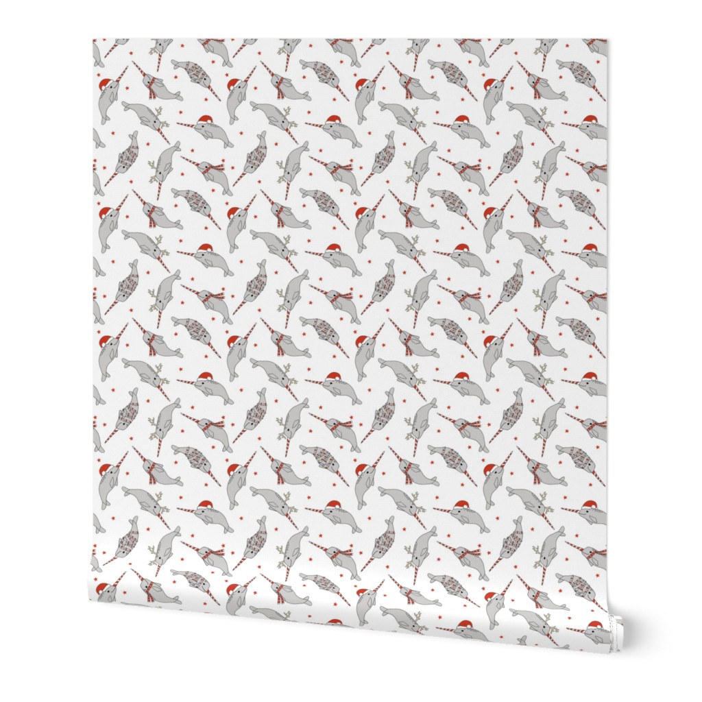 MINI christmas narwhal fabric - cute narwhal, narwhals, holiday, xmas, christmas fabric, christmas fabric by the yard - white