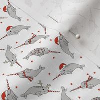 MINI christmas narwhal fabric - cute narwhal, narwhals, holiday, xmas, christmas fabric, christmas fabric by the yard - white