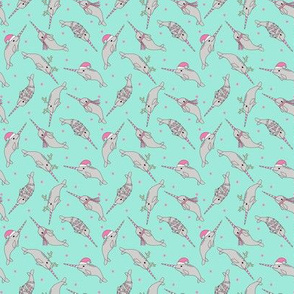 MINI christmas narwhal fabric, christmas fabric, xmas fabric, narwhal fabric, tiny fabric, mini fabric, cute mini design - mint