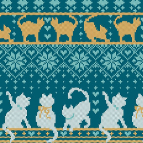 Normal scale // Fair Isle Knitting Cats Love // teal background dark teal white and yellow kitties and details