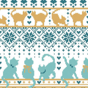 Normal scale // Fair Isle Knitting Cats Love // white background teal and yellow kitties and details