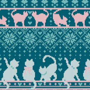 Normal scale // Fair Isle Knitting Cats Love // teal background white and pink kitties and details