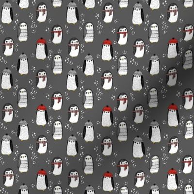 MINI christmas penguin fabric - christmas fabric, penguin fabric, winter fabric, tiny print, mini print, cute kawaii print, andrea lauren - charcoal