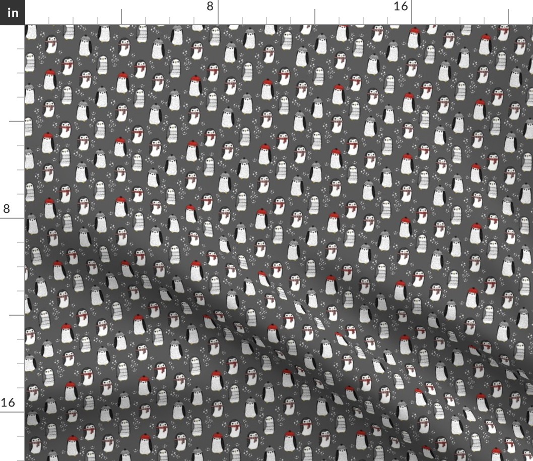 MINI christmas penguin fabric - christmas fabric, penguin fabric, winter fabric, tiny print, mini print, cute kawaii print, andrea lauren - charcoal