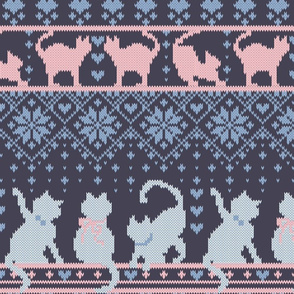 Normal scale // Fair Isle Knitting Cats Love // dark violet background white and violet kitties and details