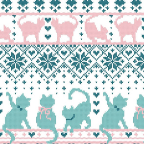 Normal scale // Fair Isle Knitting Cats Love // white background teal and pink kitties and details