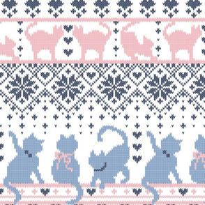 Normal scale // Fair Isle Knitting Cats Love // white background violet and pink kitties and details