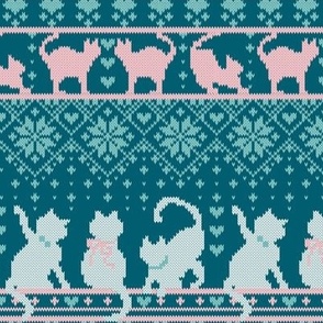 Small scale // Fair Isle Knitting Cats Love // teal background white and pink kitties and details