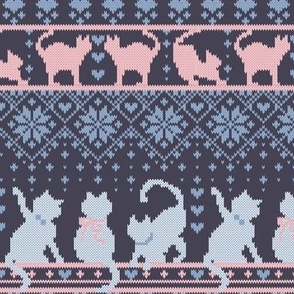 Small scale // Fair Isle Knitting Cats Love // dark violet background white and violet kitties and details