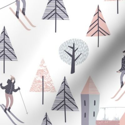 24" Happy Skiing - Modern Scandinavian Winter Fun